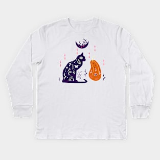 Magical illustration with pumpkin, moon, black cat Kids Long Sleeve T-Shirt